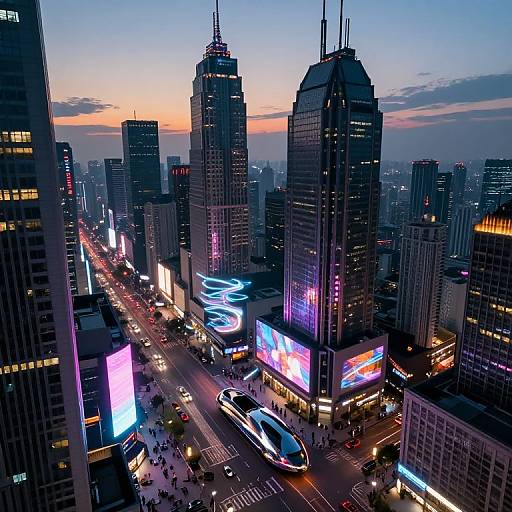 Photograph of a bustling urban skyline at dusk, with tall illuminated skyscrapers, neon lights, and light trails from moving vehicles on a busy street