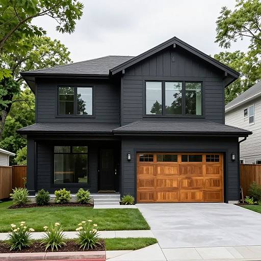 Photograph of a modern, two-story black house with wooden garage doors, large windows, and a manicured lawn surrounded by trees.