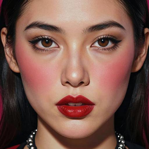 Close-up photograph of a woman with fair skin, brown eyes, red lipstick, and pink blushed cheeks, wearing a black studded necklace.
