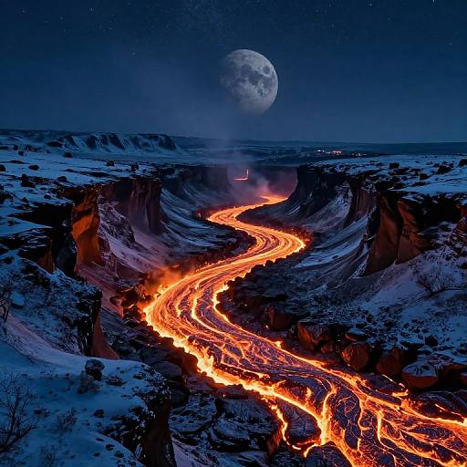 Photorealistic digital artwork of a glowing lava river winding through a snow-covered canyon under a full moonlit night sky.