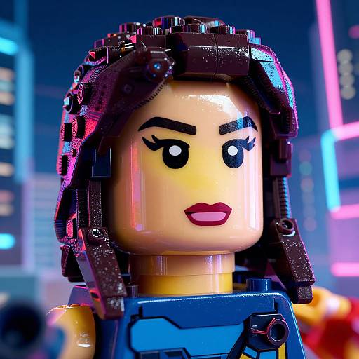 Photograph of a Lego minifigure with dark hair, black eyebrows, red lips, and a blue top, set against a neon-lit city