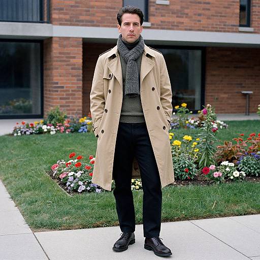 Photograph of a man with short dark hair, wearing a beige trench coat, gray scarf, black pants, and black shoes, standing on a concrete