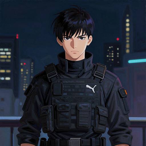 Digital anime-style drawing of a serious, black-haired man in a black tactical Puma uniform, standing in a nighttime cityscape.