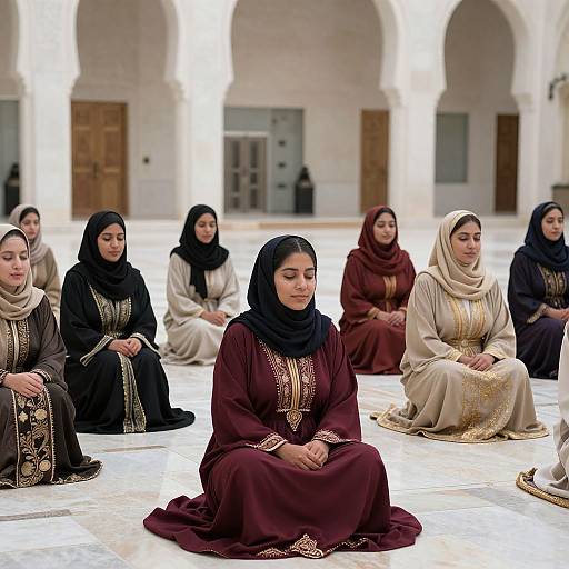Photograph of nine Muslim women in traditional hijabs and ornate dresses, seated in a bright, arched, white-walled courtyard.