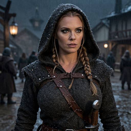 Photograph of a determined, blue-eyed woman with braided blonde hair, wearing a dark, textured hooded cloak and brown leather harness, standing in