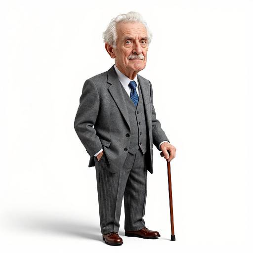 Cartoon-style elderly man with white hair, mustache, wearing gray pinstripe suit, blue tie, white shirt, holding cane, standing on
