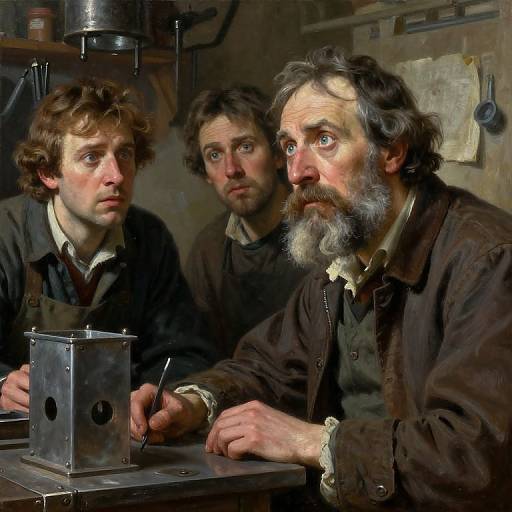 Photorealistic painting: Three men with worried expressions, rustic clothing, and wavy hair, focus on a metal contraption in a cluttered workshop