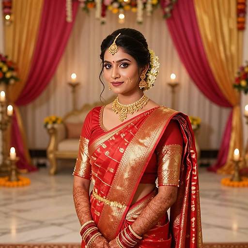 Photograph of a beautiful South Asian bride in a red and gold traditional saree, adorned with jewelry, standing in a brightly lit, decorated hall with