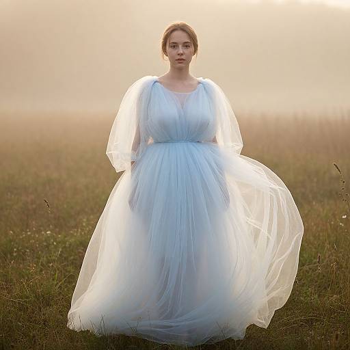 Photograph of a fair-skinned woman with brown hair in a white, flowing, V-neck gown standing in a misty field at sunset.