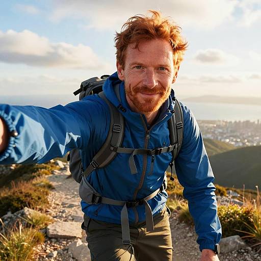 Photograph of a smiling, red-haired man with a beard, wearing a blue hiking jacket and backpack, extending his arm towards the camera on a mountain