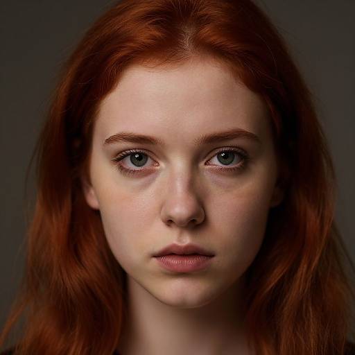 Close-up photograph of a young woman with fair skin, red hair, blue eyes, and freckles, staring directly at the camera against a dark