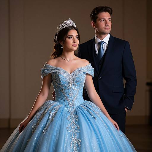 Photograph of a beautiful woman in an off-shoulder, light blue, beaded ball gown with a tiara, standing beside a handsome man