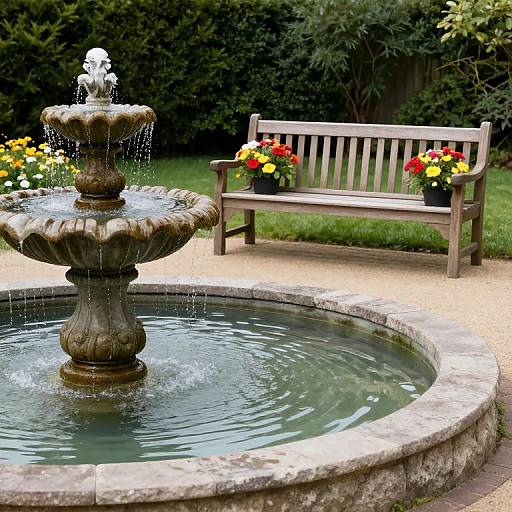 Photograph of a stone fountain with cascading water in the foreground, wooden bench with red and yellow flowers in the background, surrounded by greenery.