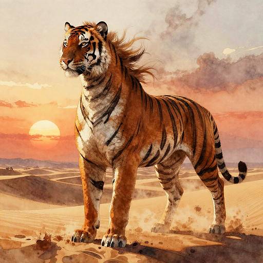 Digital painting of a majestic tiger standing in a golden desert at sunset, with vibrant orange and pink sky, and sun partially hidden behind clouds.