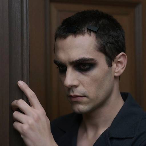 Man with Dark Makeup and Hairpiece Holding Door Frame