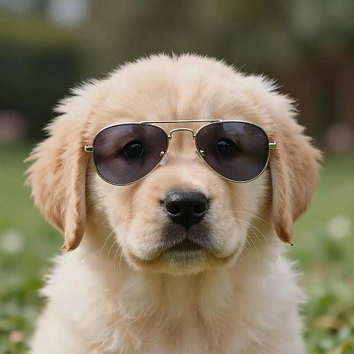 Photograph of a fluffy, light-golden retriever puppy wearing aviator sunglasses, staring directly ahead with a serious expression, set against a blurred