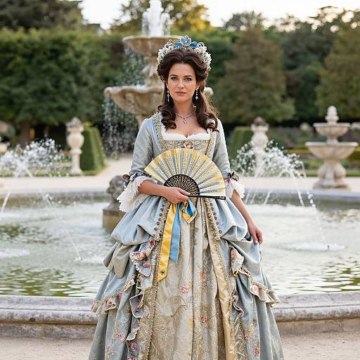 Photograph of a brunette woman in an elaborate 18th-century-style blue gown with floral embroidery, holding a fan, standing in a sunlit garden
