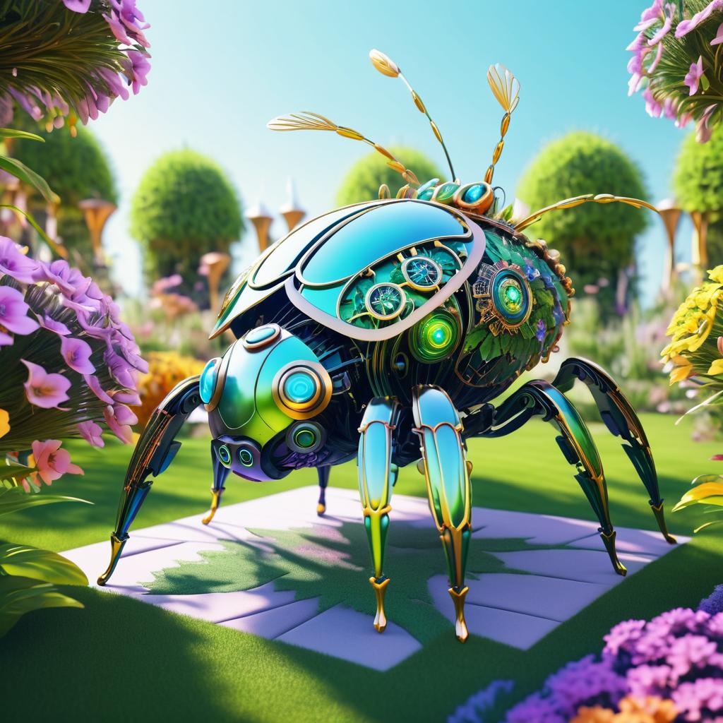 Futuristic Robotic Beetle in Blooming Garden