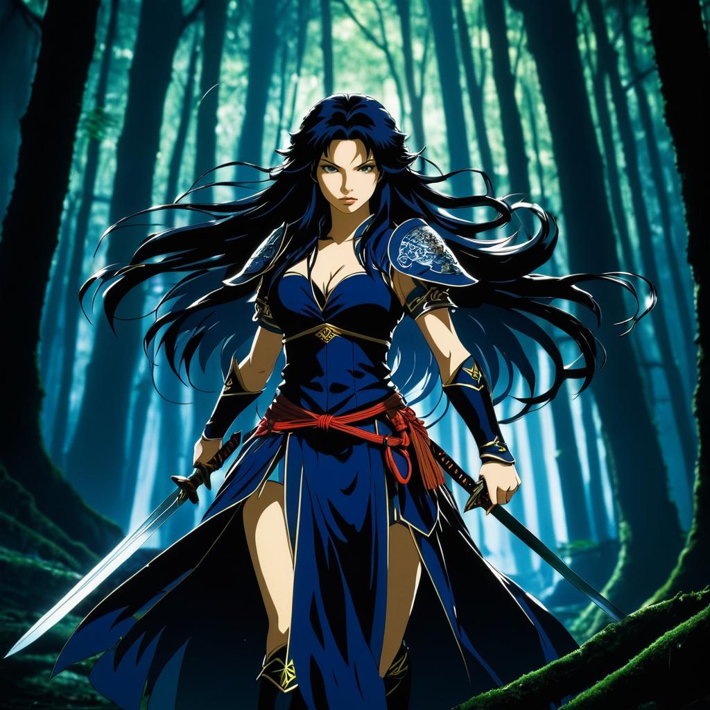 Fierce Warrior Woman in Dark Forest