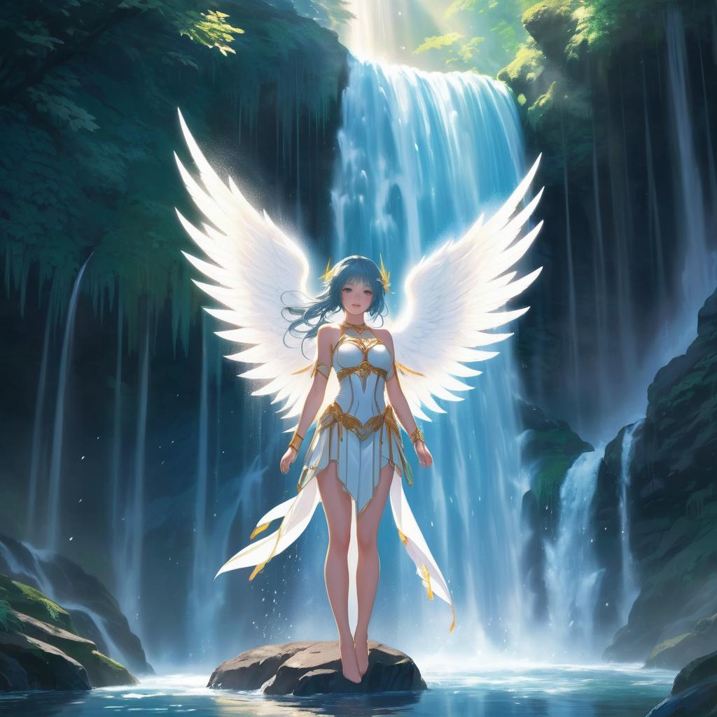 Warrior Angel Under Cascading Waterfall