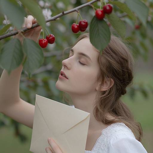 Young woman with fair skin and brown hair, holding an envelope, reaches up to cherry branches with vibrant red cherries. She wears a white lace top