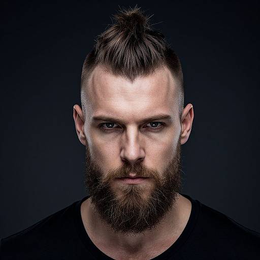 Photograph of a muscular, bearded white man with short, spiked brown hair and intense blue eyes, wearing a black shirt, against a dark background