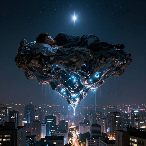 Photorealistic digital artwork of a glowing, metallic, cloud-like spaceship hovering above a neon-lit cityscape at night, with a bright star above