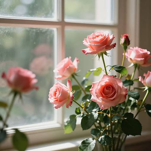 Photograph of pink roses in a glass vase on a windowsill, sunlight streaming through, creating a soft, glowing effect.