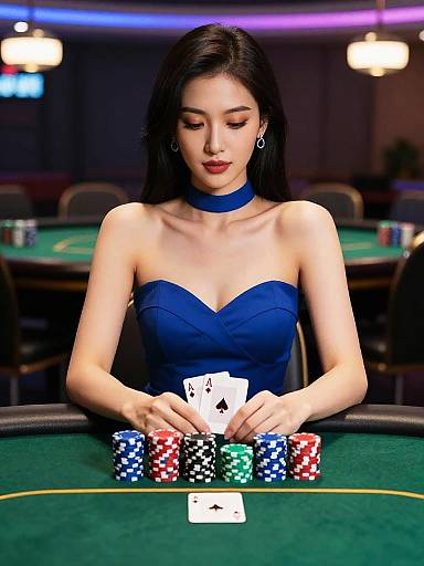 Photorealistic image of an Asian woman with long black hair, wearing a strapless blue dress and choker, dealing poker cards at a casino table