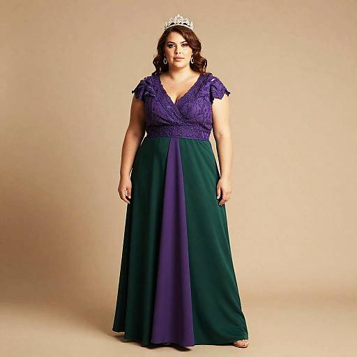Photograph of a plus-size woman with medium brown skin and curly dark hair, wearing a purple lace V-neck gown, green skirt, and silver ti