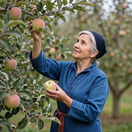 Photograph of an elderly woman with gray hair, wearing a blue sweater and black headscarf, picking apples in a lush orchard.