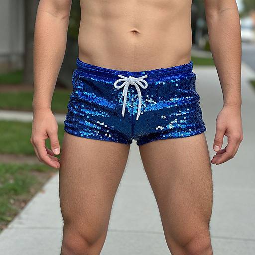 Photograph of a shirtless man wearing blue sequined shorts with white drawstring, standing on a concrete sidewalk with blurred greenery background.