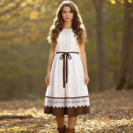 Photograph of a young woman with long brown hair in a white, sleeveless, lace-trimmed dress with brown accents, standing in a sun