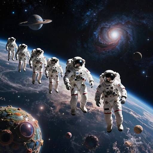 Photorealistic digital artwork: Six astronauts in white space suits walking towards Earth from space, surrounded by planets, galaxies, and a bright sun.