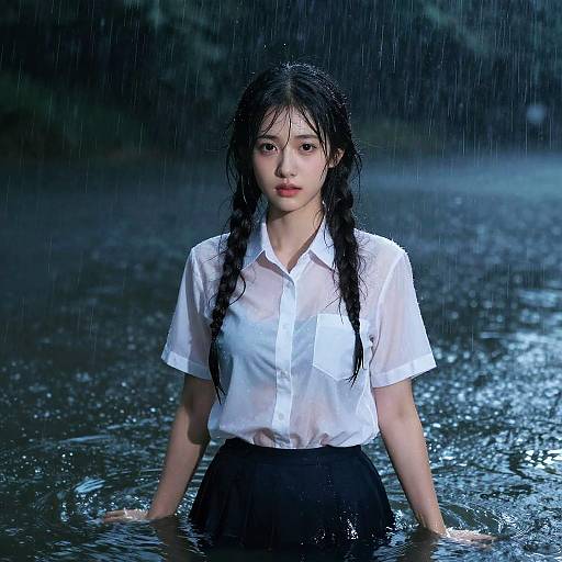 Young Woman Standing in Water in the Rain at Night