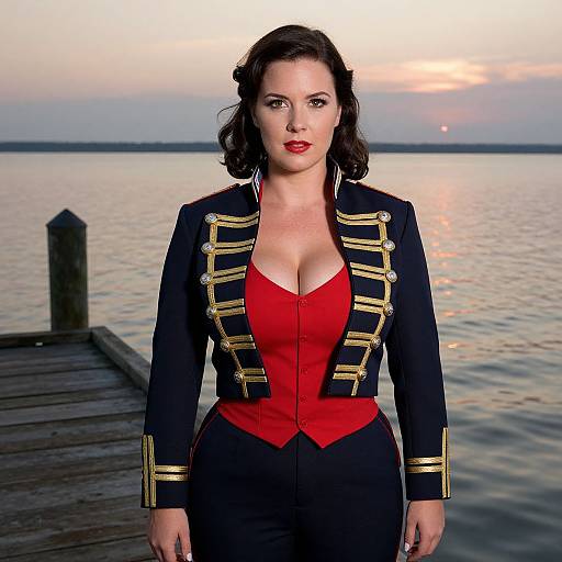 Photograph of a fair-skinned woman with dark wavy hair, wearing a navy epauletted jacket with gold buttons, red bustier,