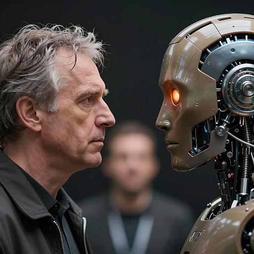 Focused Man Meeting Futuristic Robot