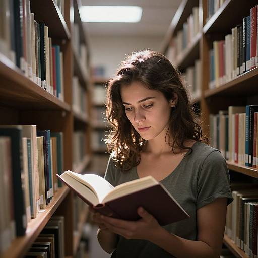 Photograph of a young woman with wavy brown hair, wearing a gray t-shirt, reading a book in a dimly lit library aisle, surrounded