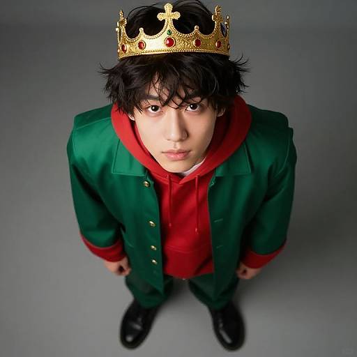 Photograph of an Asian man with black, tousled hair wearing a golden crown, green jacket, red shirt, and black shoes, looking up at