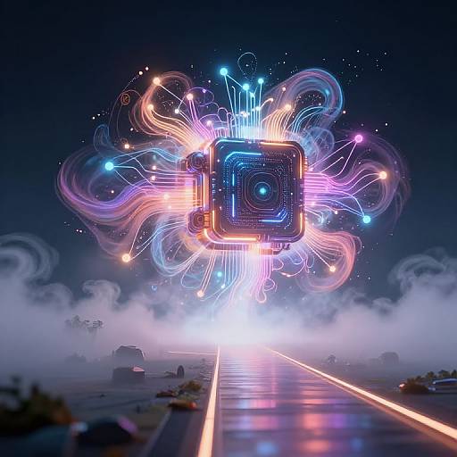 Neon-lit, futuristic digital art of a glowing, floating camera surrounded by colorful, swirling lights, set on a misty, deserted road at