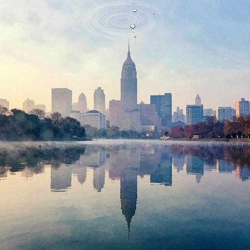Photograph of New York City's skyline reflected in a calm lake with mist, featuring the Empire State Building, clear blue sky, and subtle morning light