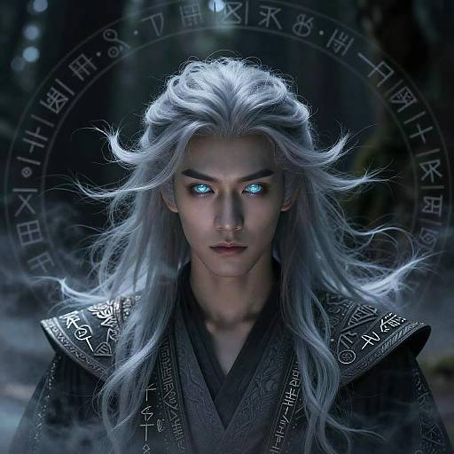 Digital artwork of a silver-haired, blue-eyed fantasy character with glowing eyes, wearing an ornate black robe, set against a mystical, dark forest background
