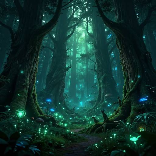 Digital fantasy artwork of a mystical forest at night, illuminated by glowing blue and green fireflies, with towering dark trees and a small, shadowy figure