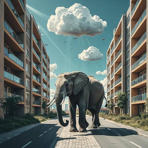 Elephant Walking Between Modern Apartments Under Surreal Clouds