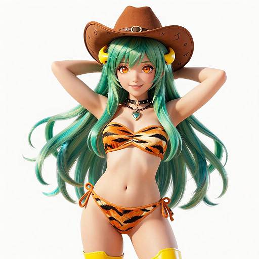 Digital anime-style drawing of a green-haired woman with orange tiger-striped bikini, brown cowboy hat, black choker, and yellow arm cuffs.