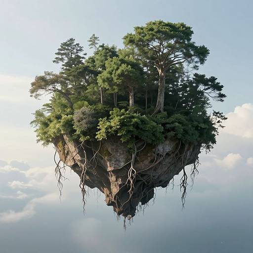 Photorealistic CGI of a floating island with dense, green pine trees and exposed roots, suspended in a clear blue sky.