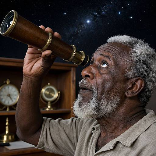 Photograph of an elderly African man with white curly hair and beard, wearing a beige shirt, using a wooden telescope, looking at a starry night