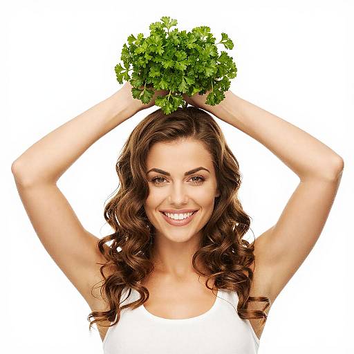 Cheerful Woman Holding Parsley Overhead
