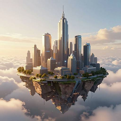 Photorealistic CGI of a floating futuristic cityscape with skyscrapers, surrounded by clouds, at sunset, reflecting on a rocky base.