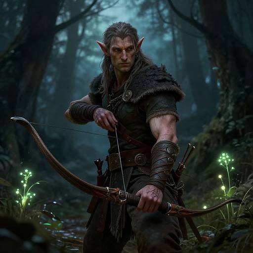 Digital fantasy artwork of a muscular, elven archer with pointed ears, drawn bow, and dark, rugged armor, standing in a misty forest